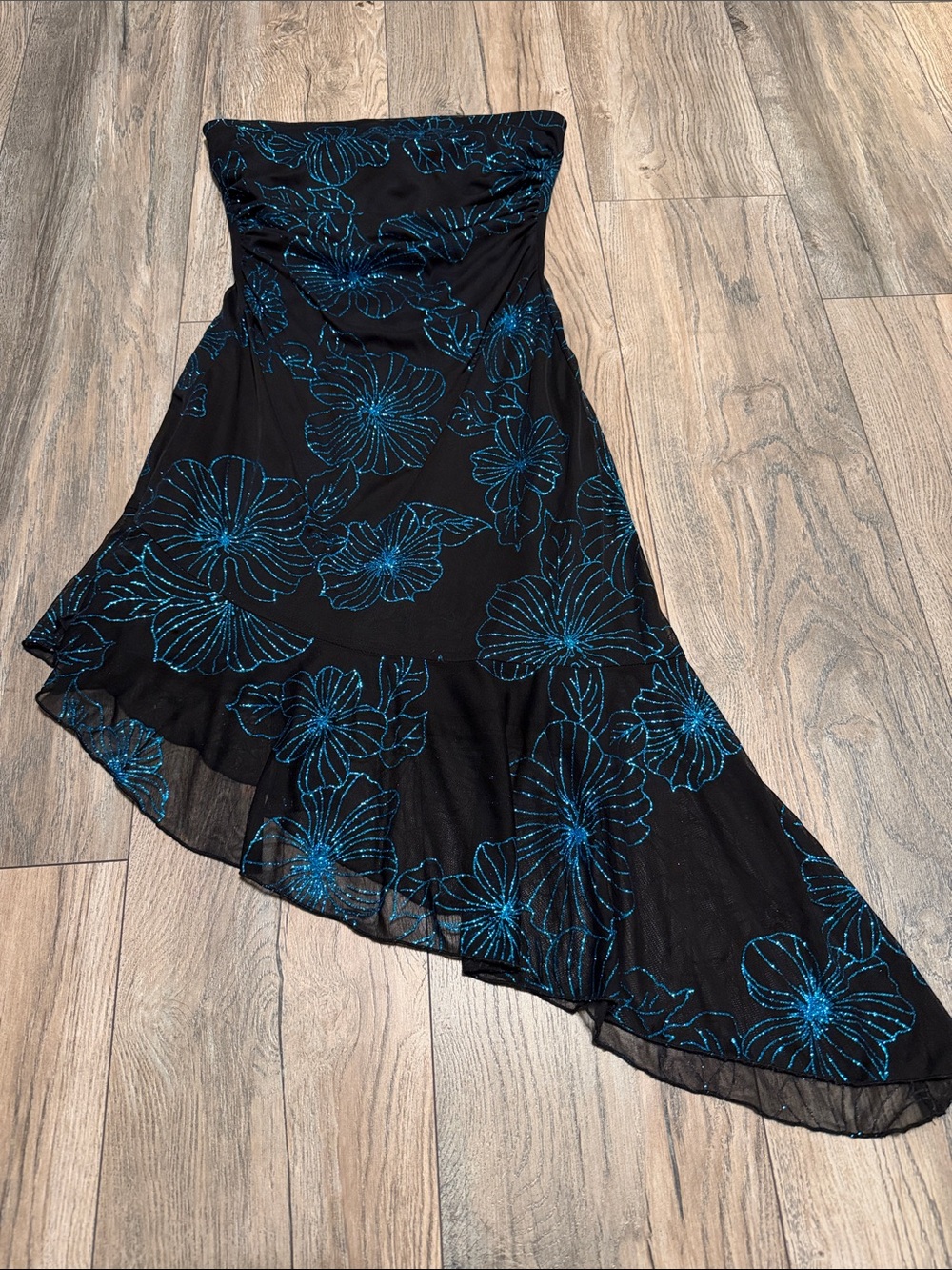 JM Collection Black Strapless Asymmetrical Dress with Blue Floral Sparkle